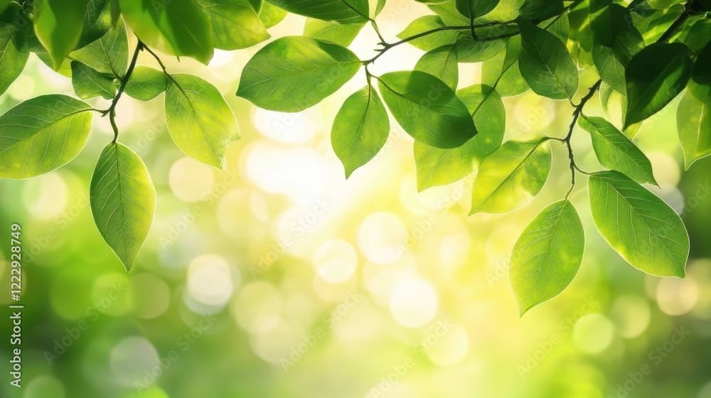 Poster Close up of green tree leaves and branches with soft bokeh background and ample space for text and design elements