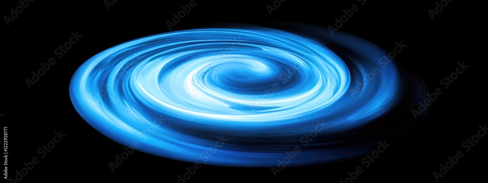 Poster dramatic azure light swirl on black background with ample space for adding text or graphic elements.