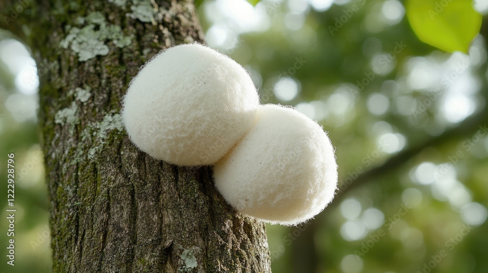 Poster Close up of Cotton Ball Mushrooms on Tree Bark in Autumn Setting with Copy Space for Text and Natural Background Elements