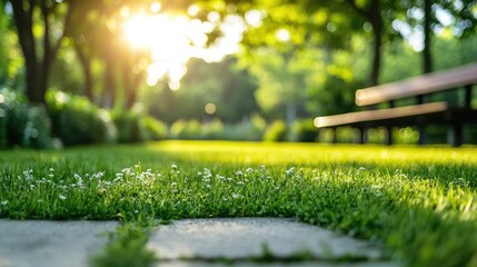 Tranquil Green Space in Communal Garden with Pathway and Soft Sunlight Ideal for Outdoor Leisure Activities and Text Placement