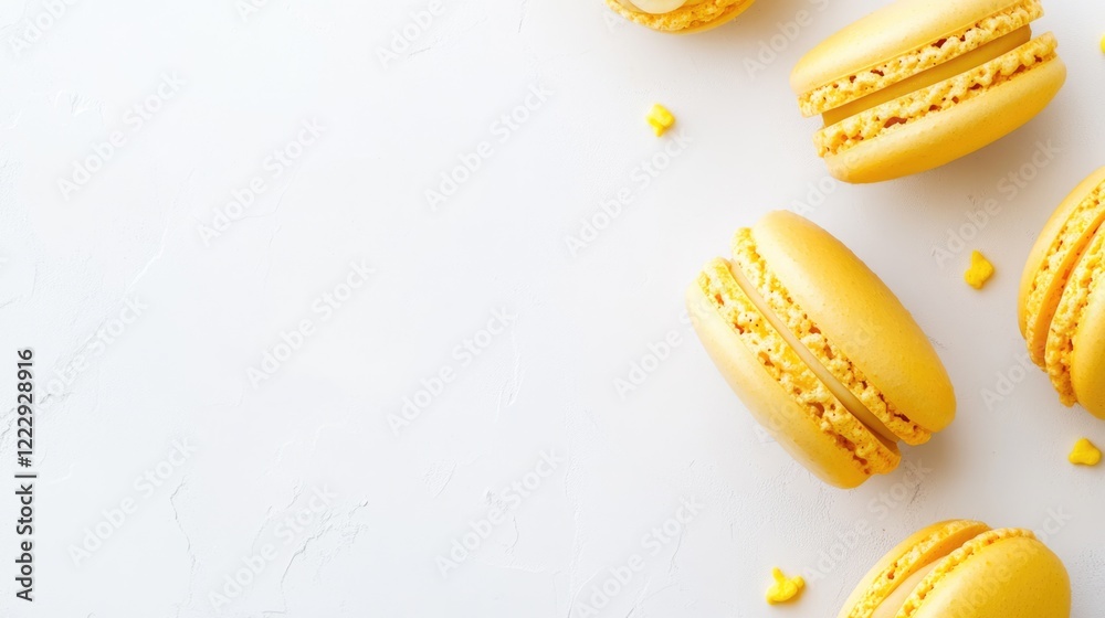 Poster Close up of vibrant yellow macarons on a clean white background with space for text or branding in a bakery or dessert theme