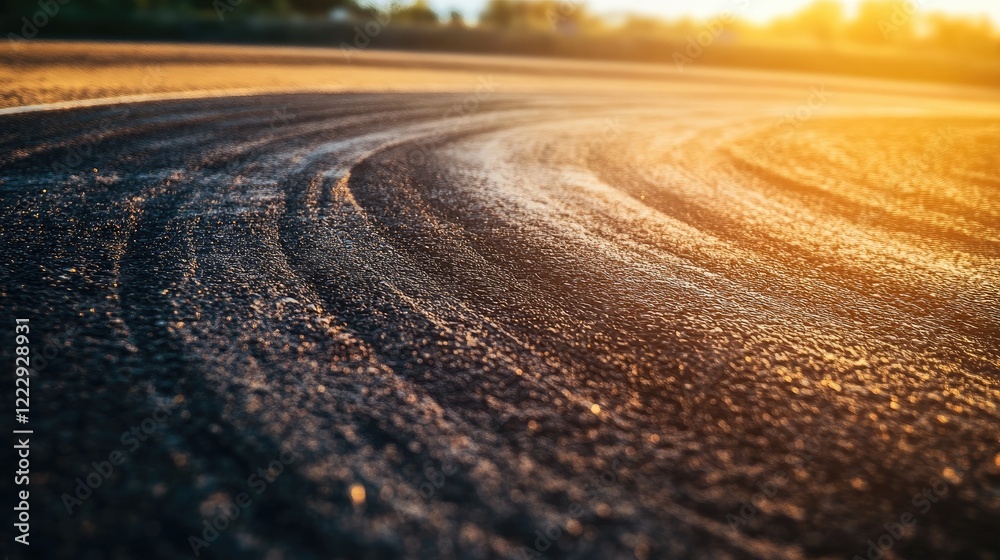 Aufkleber Dynamic rally racing track close up with tire marks and smooth asphalt illuminated by sunset providing ample copy space for text