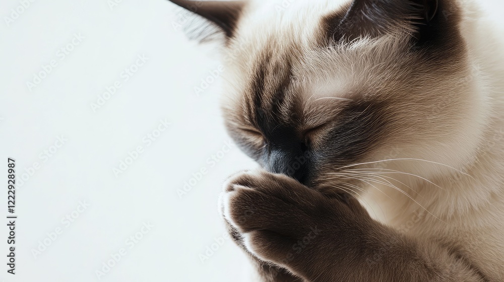 Aufkleber Fluffy Siamese cat grooming its paw with soft focus and clear empty space for text or image overlay in a serene background