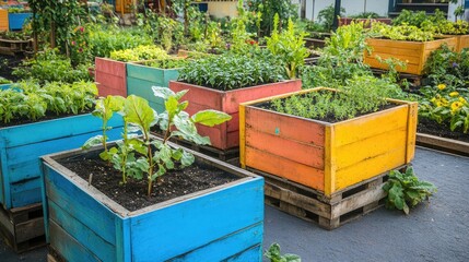 Vibrant community garden with colorful wooden boxes filled with plants and herbs in a sunny outdoor setting suitable for text overlay