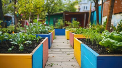Vibrant community garden with colorful raised beds and lush greenery inviting engagement and inspiring outdoor connection