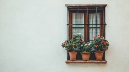 Vintage Spanish window featuring flowerpots and ample blank space for text or design elements in a charming, rustic setting.