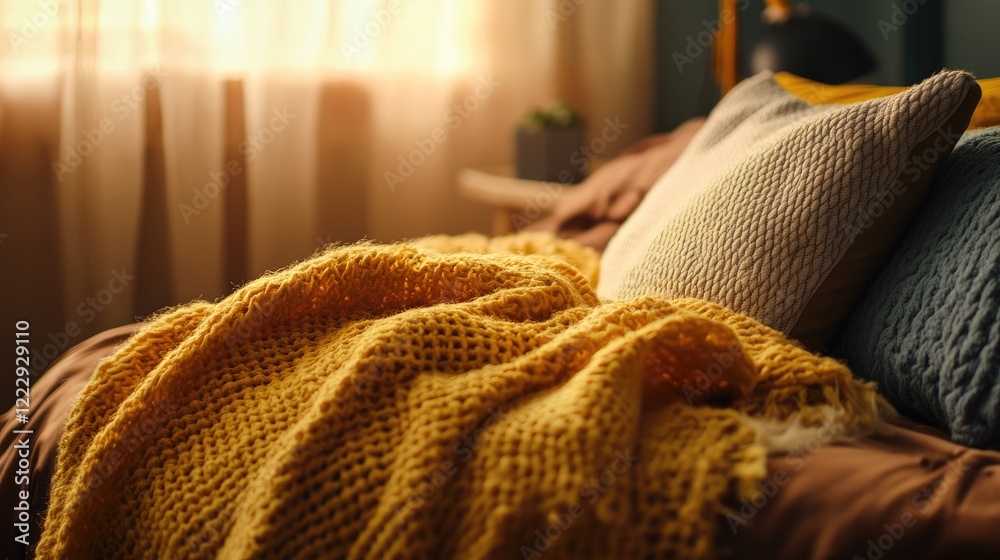 Aufkleber Cozy bedroom close up featuring a blanket and pillows with warm sunlight creating inviting atmosphere and space for text or design elements