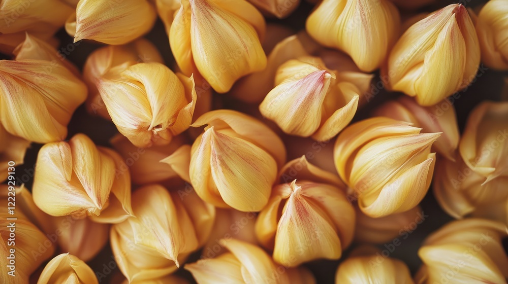 Poster close up of uncooked yellow tulip buds arranged beautifully with empty space for text in a floral or