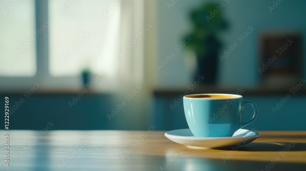Aufkleber Fresh espresso cup on a wooden table with ambient light creating a cozy atmosphere and ample space for text or branding elements.