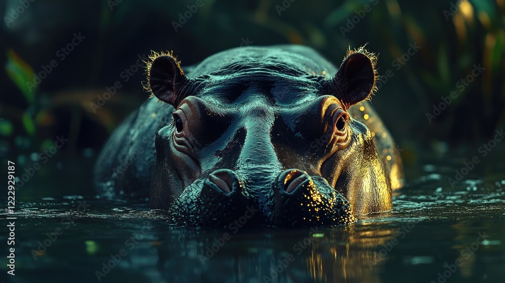 Poster Hippopotamus close up in serene river setting with natural lighting and ample copy space for text or advertising message