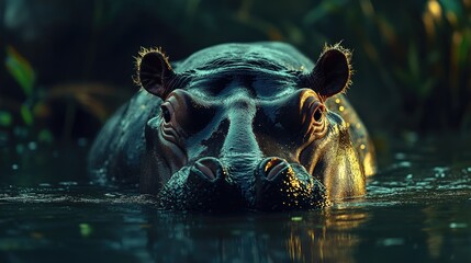 Fototapeta premium Hippopotamus close up in serene river setting with natural lighting and ample copy space for text or advertising message