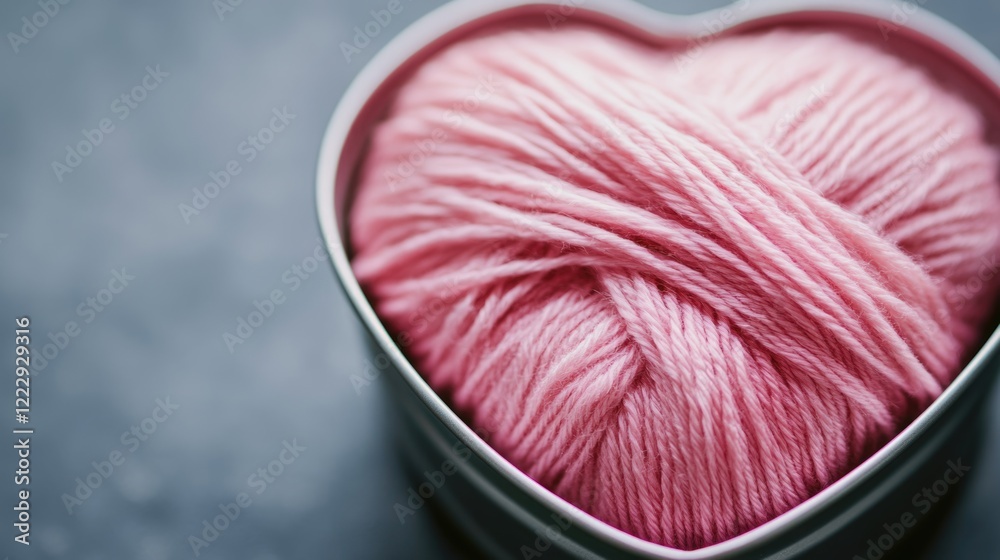 Poster heart shaped tin filled with pink knitting yarn on a textured surface with empty space for personali