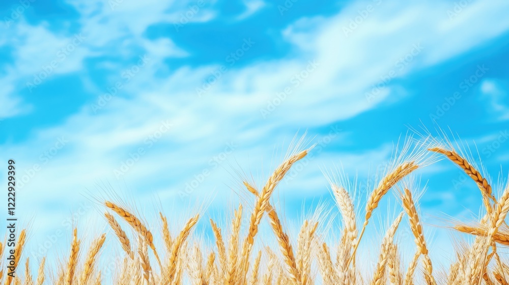 Poster Golden rice ears under a bright blue sky with ample empty space for customizable text or branding purposes