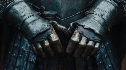 Close up of armored hands of a knight gripping a sword with empty space for text in a medieval fantasy setting