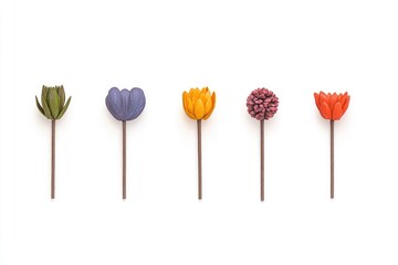 Colorful handmade flower decorations arranged in a row against a white background, showcasing artistic design