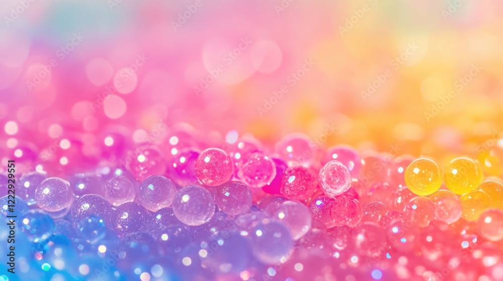 Poster Colorful gel beads sparkling with light refractions creating a vibrant background ideal for text or design overlays