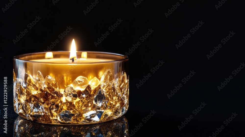 Poster Elegant candle with crystal embellishments burning softly against a black background perfect for creating a cozy atmosphere and empty text space