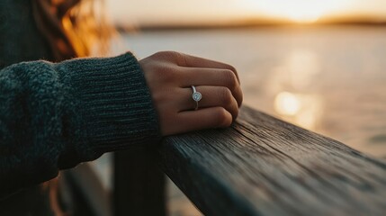 Hand adorned with ring resting on wooden railing at sunset with serene water backdrop and ample space for personalized text or messages