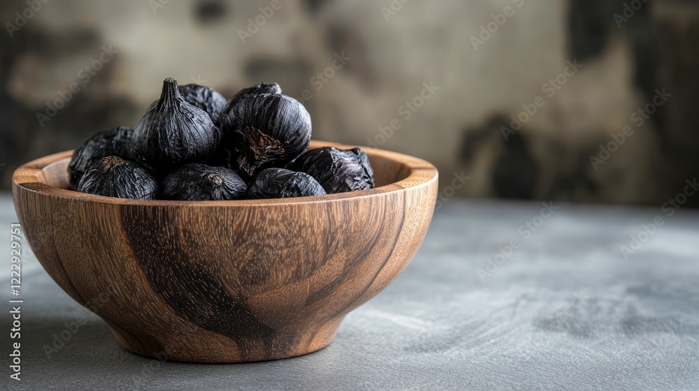 Poster close up of black garlic cloves in a wooden bowl on a textured surface with empty space for culinary
