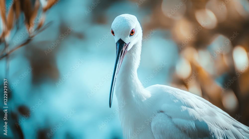 Poster Elegant white bird with long curved beak in wetland setting featuring soft bokeh background perfect for nature-themed designs and text.