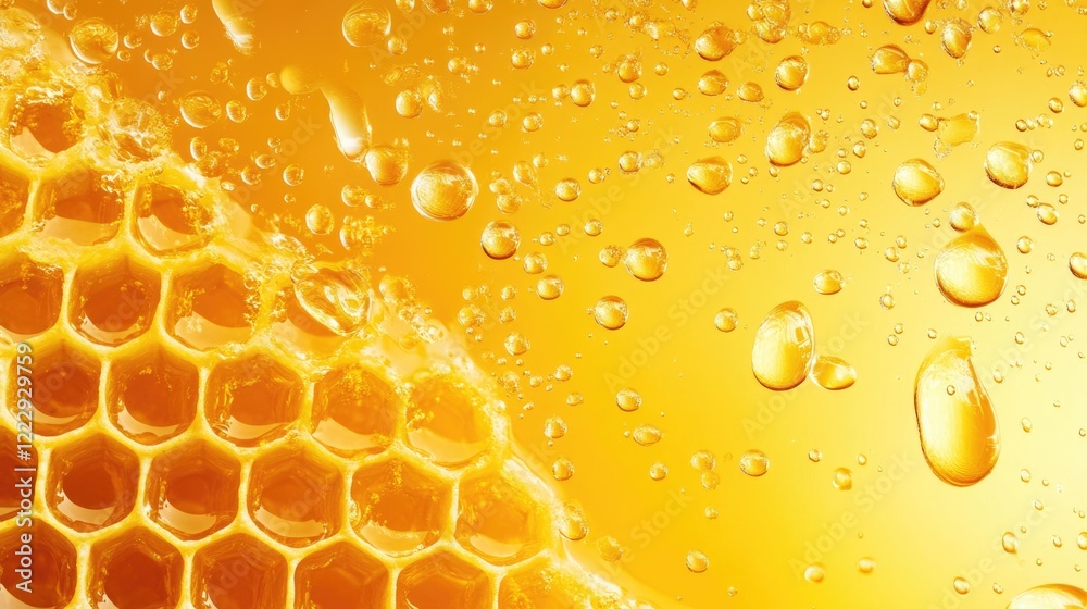 Poster close up of glistening honeycomb with water droplets showcasing vibrant honey texture and ample copy