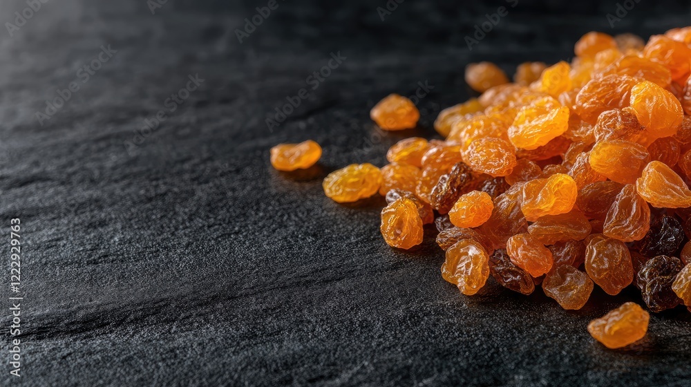 Poster macro view of burnt orange raisins on dark surface with ample copy space for text placement and desi