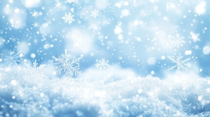 Naklejka premium Snowflakes Gently Falling on Light Blue Background with Soft Focus and Copy Space for Text or Seasonal Greetings in High Quality Photo