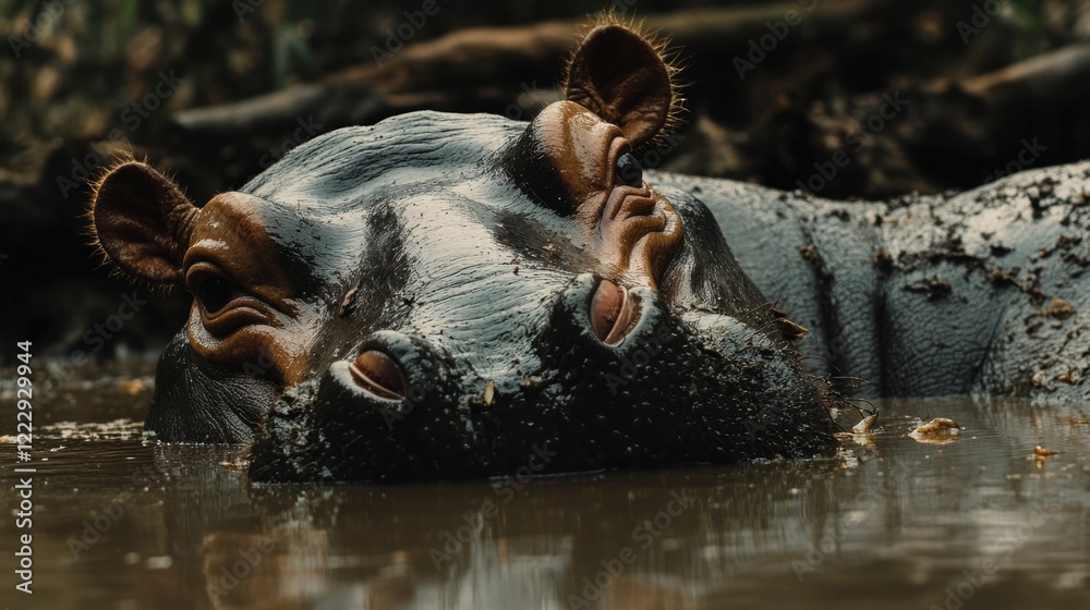 Aufkleber Hippopotamus relaxing in muddy water with tranquil expression and ample space for text or creative design elements