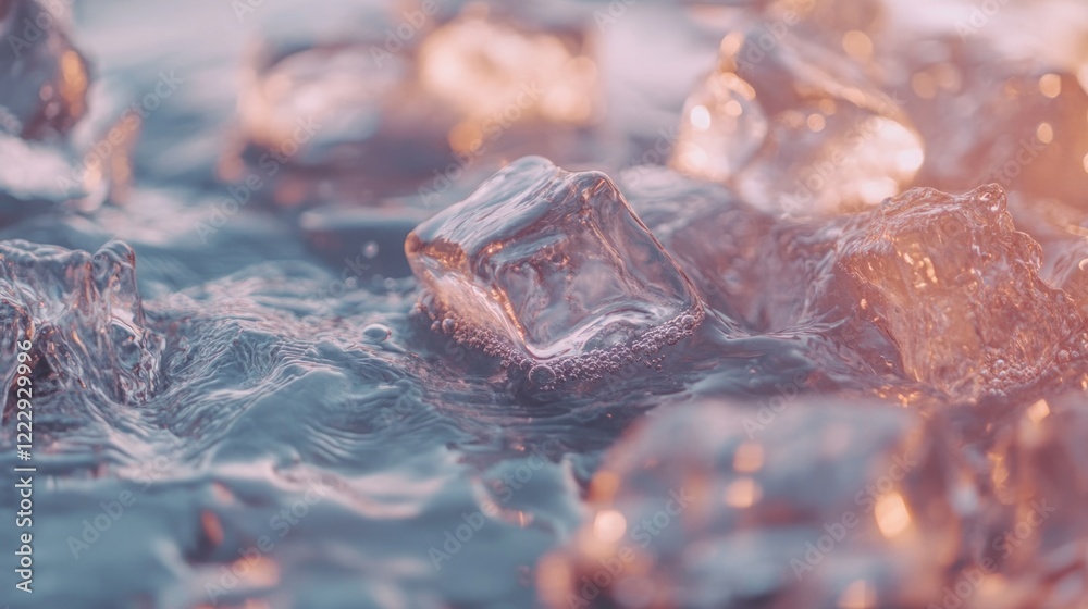 Poster close up of glistening ice cubes in sparkling water with reflections and soft focus for creative tex