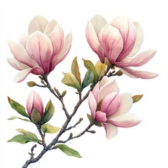 Fototapeta premium Beautiful watercolor illustration of pink magnolia flowers on a branch, showcasing delicate petals and green leaves