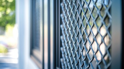 Close up of a decorative mesh window grill showcasing safety features and ample space for text or branding elements