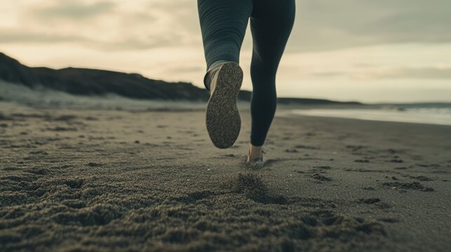 Close up of a runner's hip on a sandy beach during sunset with empty space for advertising or motivational text use