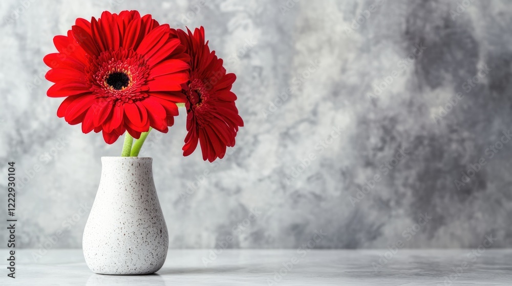 Poster Vibrant red gerbera daisies in a textured vase with a soft gray background and ample space for personalized text or branding messages