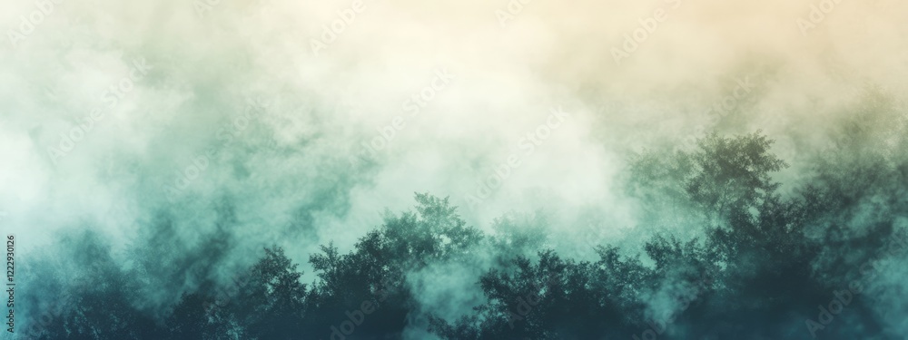 Poster mysterious fog enveloping a serene forest with soft blurred trees and ample empty space for text or 