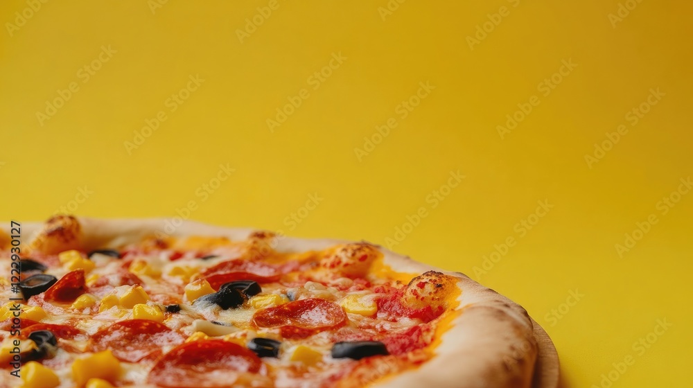 Poster freshly baked pizza with colorful toppings on a yellow background showcasing appetizing details and 