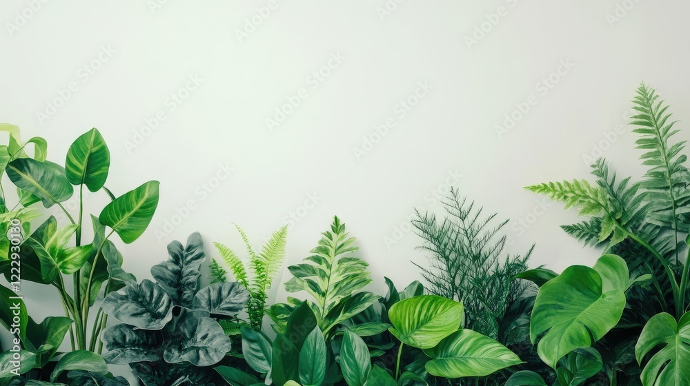 Poster Close up of diverse houseplants in a minimalistic setting with ample blank space for text or design elements on a light background