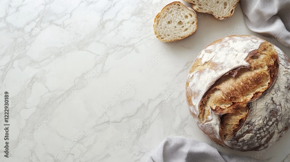 Aufkleber Artisan sourdough bread on a marble countertop with slices and empty space for custom text or culinary branding purposes