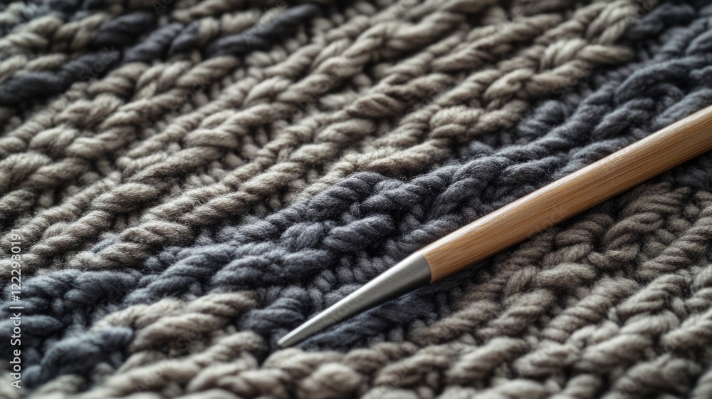 Poster crochet hook and cotton yarn on textured knitting backdrop with space for creative text or branding 