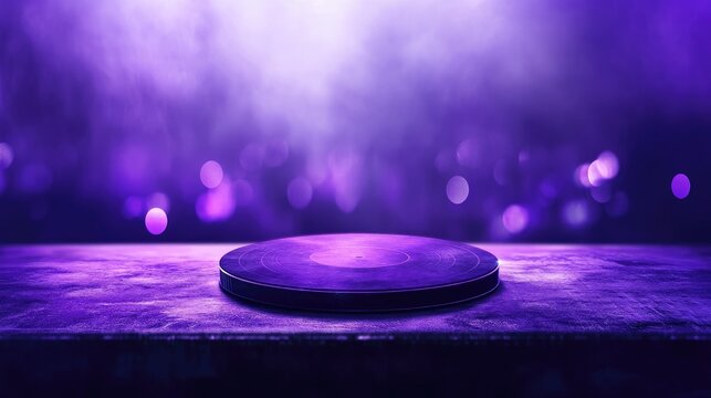 Purple disc design with blurred nightclub background and disco balls creating an energetic atmosphere with space for text and branding