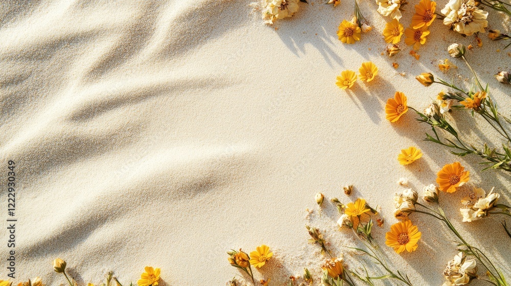 Poster close up of summer themed background with yellow flowers on sandy surface creating an inviting space