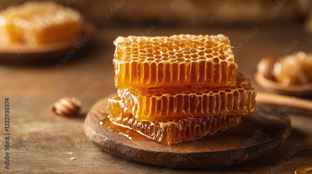 Aufkleber Honeycomb stacked on a wooden plate showcasing golden honey with a rustic background and ample space for text or branding elements
