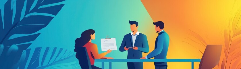 Fototapeta premium A business meeting scene featuring three professionals discussing ideas, with vibrant colors and a modern aesthetic.