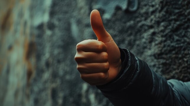 Hand giving a thumbs up gesture against a textured wall background with ample space for adding motivational or promotional text.
