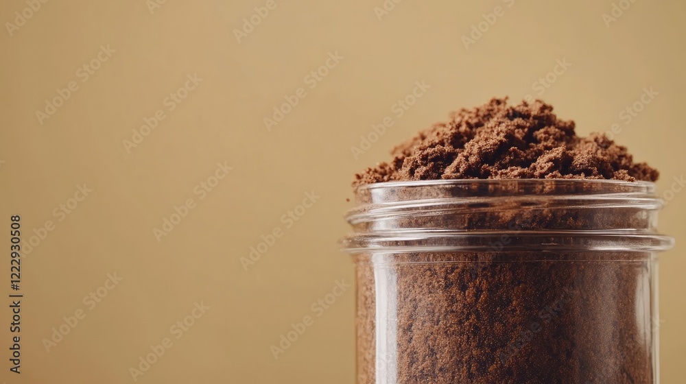 Poster close up of a glass jar filled with freshly ground coffee against a soft beige background for text p