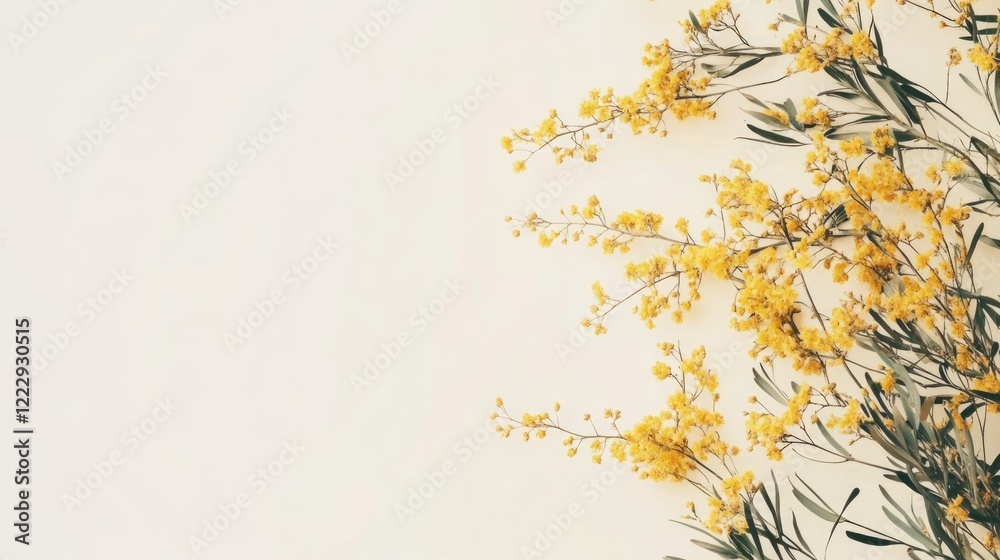 Poster Close up of vibrant yellow acacia flowers gently swaying with a light background for customized text placement and creative design use