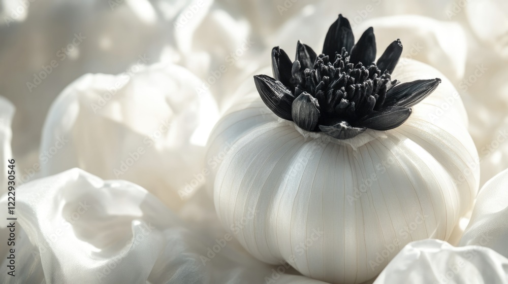 Poster iberian black king atop white ripe onion surrounded by soft textures and neutral tones ideal for cul