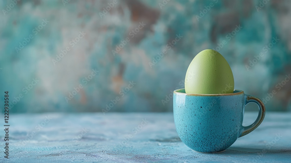 Aufkleber green boiled egg in a blue cup against a textured background with ample copy space for text or creat