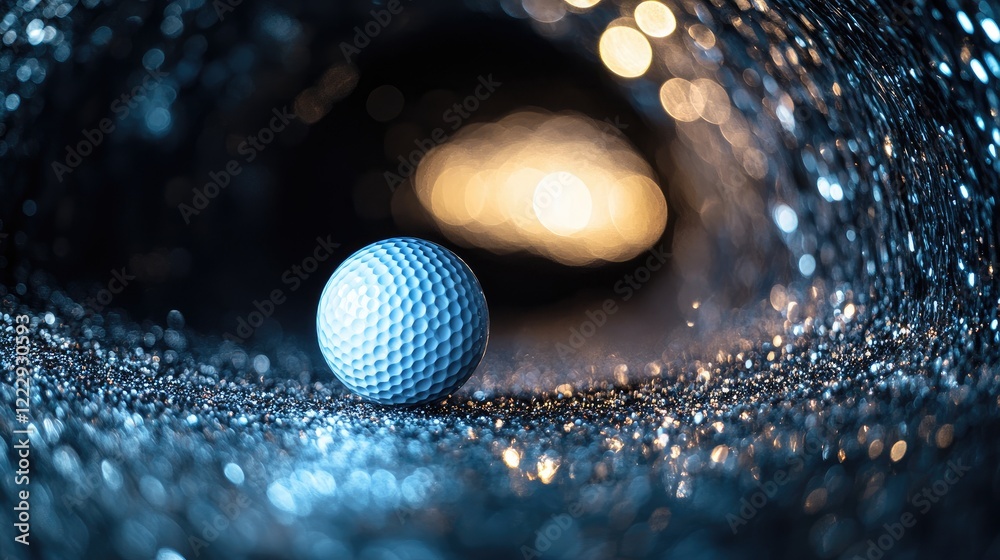 Poster a golf ball gliding through a shimmering tunnel of light and glitter with ample space for text overl