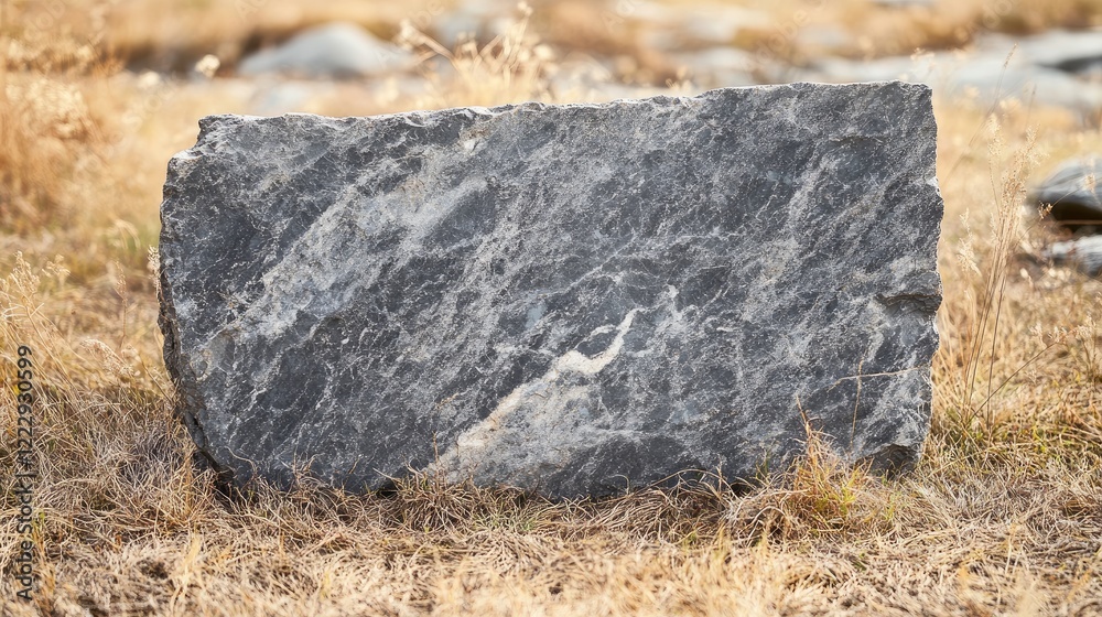 Aufkleber Close up of a large gray granite slab in a dry field with natural scenery and ample space for text or design integration.