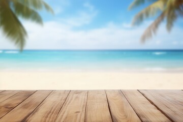 Fototapeta premium Blured Tropical Beach Background with Empty Wooden Table for Summer Holiday Product Display Template or Banner